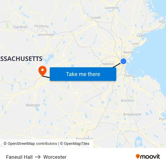 Faneuil Hall to Worcester map