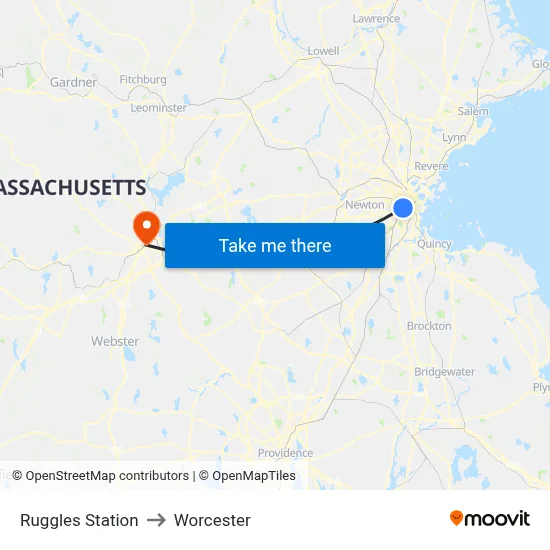 Ruggles Station to Worcester map