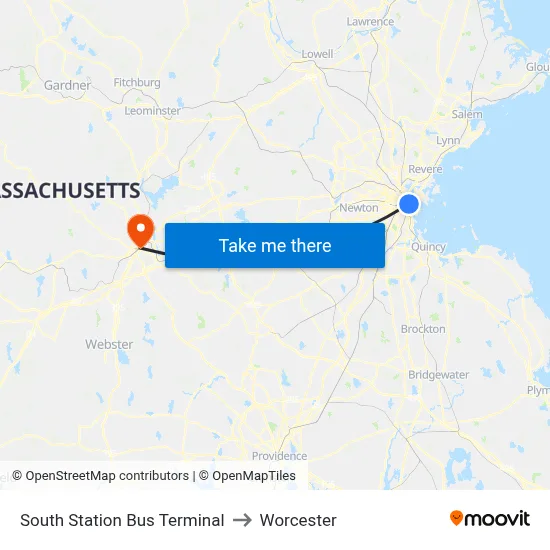 South Station Bus Terminal to Worcester map