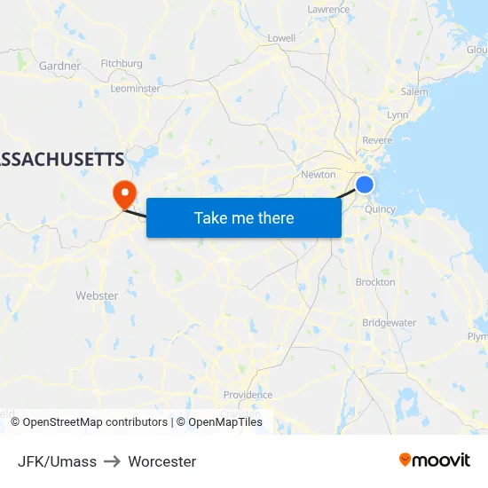 JFK/Umass to Worcester map