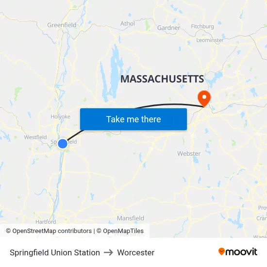 Springfield Union Station to Worcester map