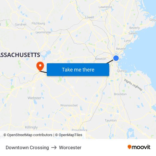 Downtown Crossing to Worcester map