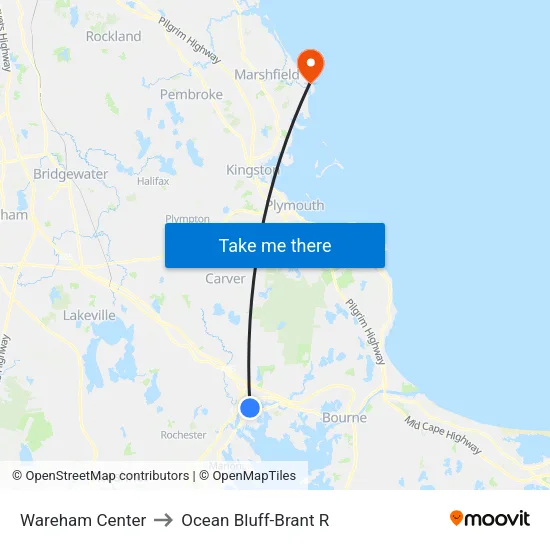 Wareham Center to Ocean Bluff-Brant R map