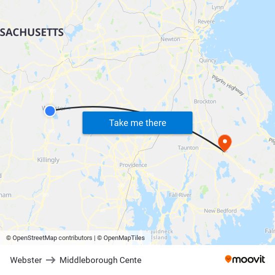 Webster to Middleborough Cente map