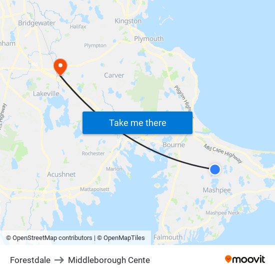 Forestdale to Middleborough Cente map