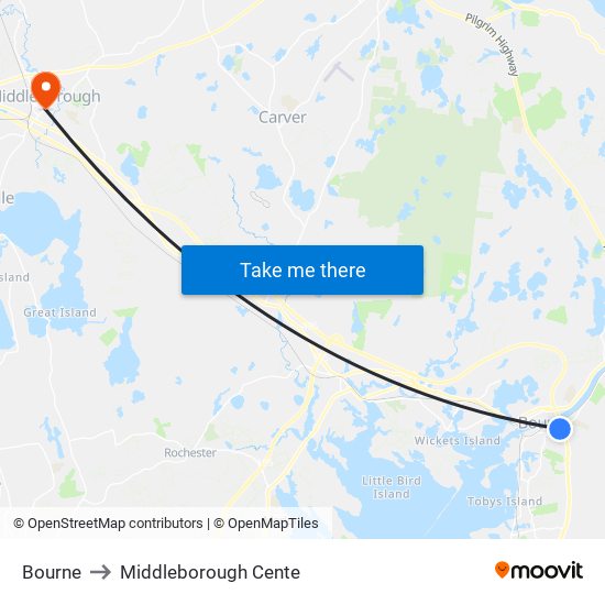 Bourne to Middleborough Cente map