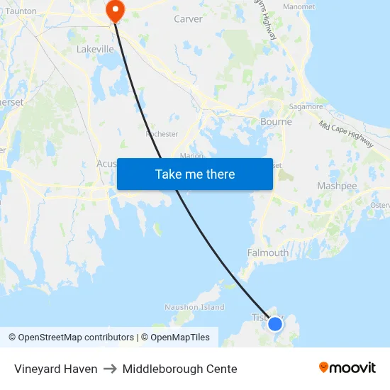 Vineyard Haven to Middleborough Cente map