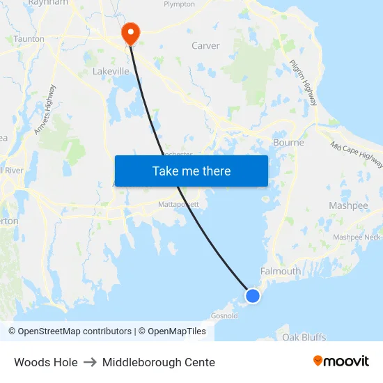 Woods Hole to Middleborough Cente map