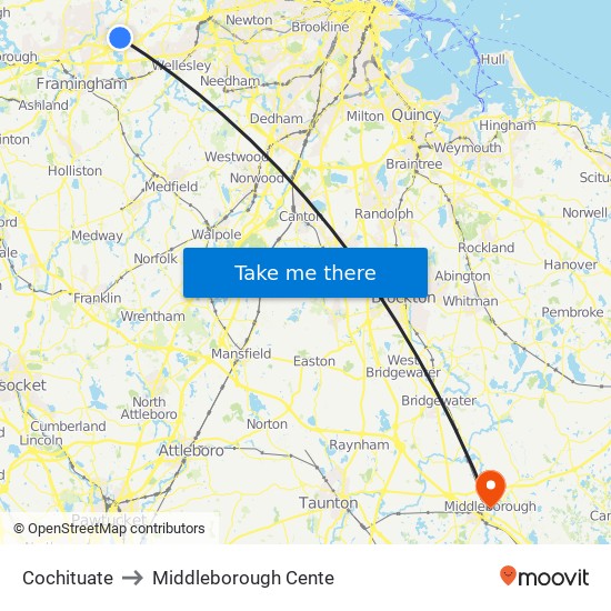 Cochituate to Middleborough Cente map