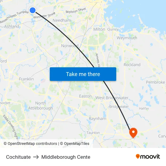 Cochituate to Middleborough Cente map
