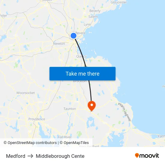 Medford to Middleborough Cente map