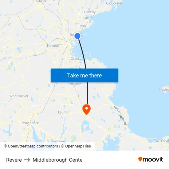 Revere to Middleborough Cente map