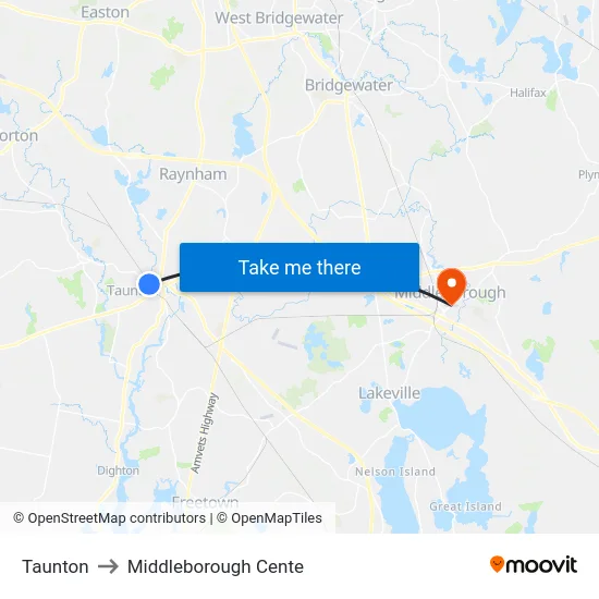 Taunton to Middleborough Cente map