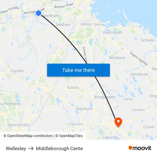 Wellesley to Middleborough Cente map
