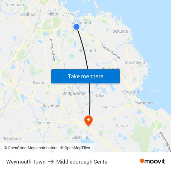 Weymouth Town to Middleborough Cente map