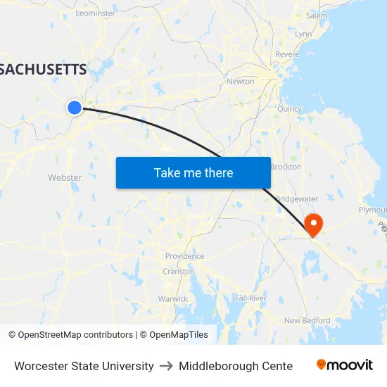Worcester State University to Middleborough Cente map