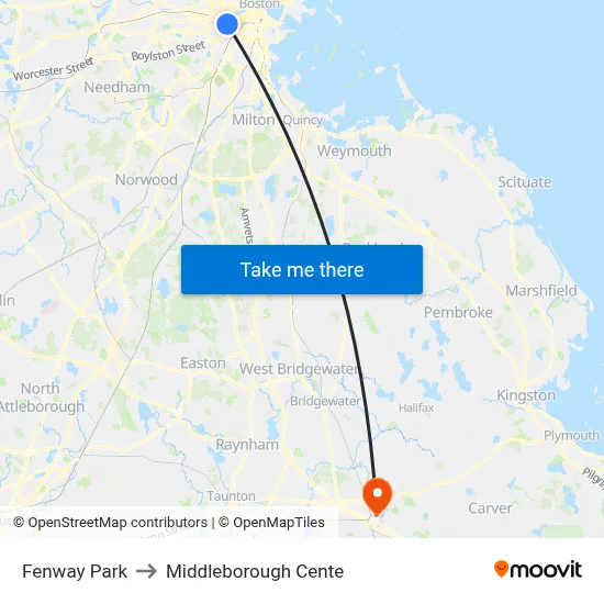 Fenway Park to Middleborough Cente map