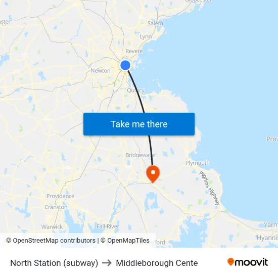 North Station (subway) to Middleborough Cente map