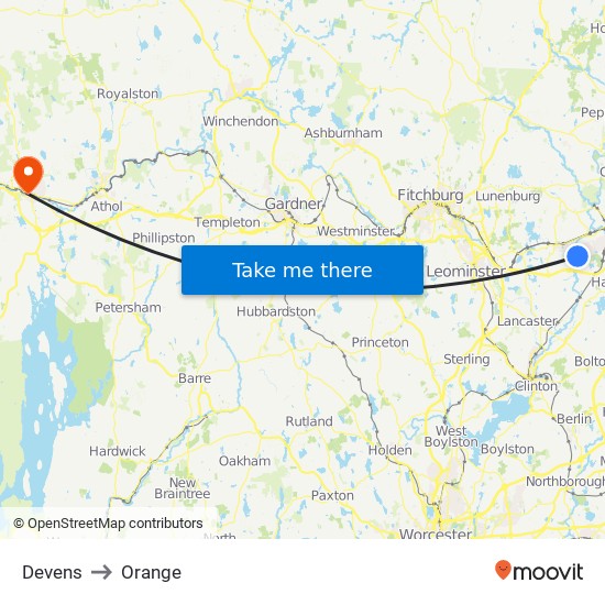 Devens to Orange map