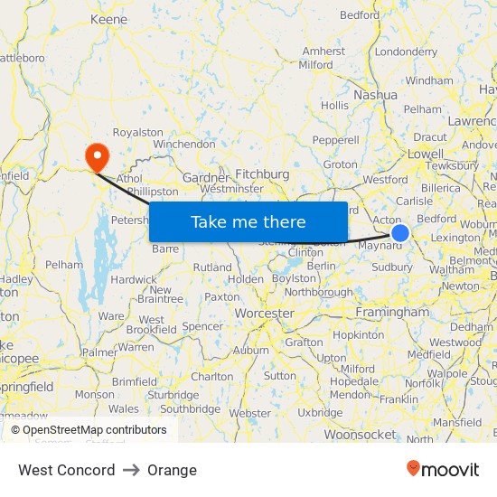 West Concord to Orange map