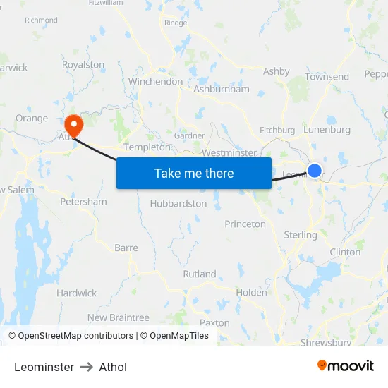 Leominster to Athol map