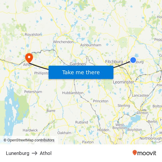 Lunenburg to Athol map