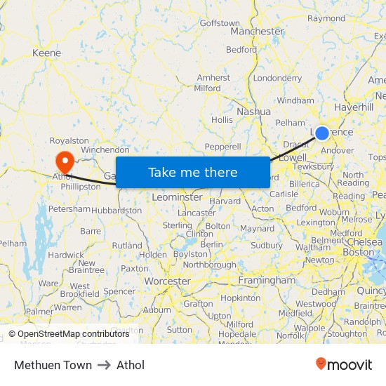 Methuen Town to Athol map