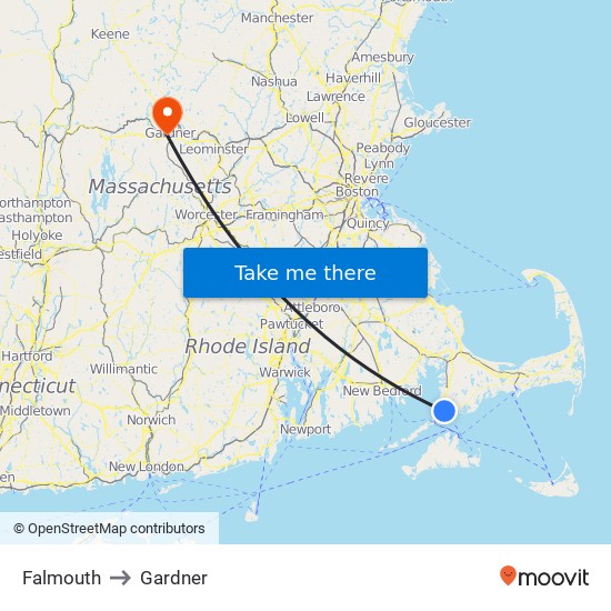 Falmouth to Gardner map