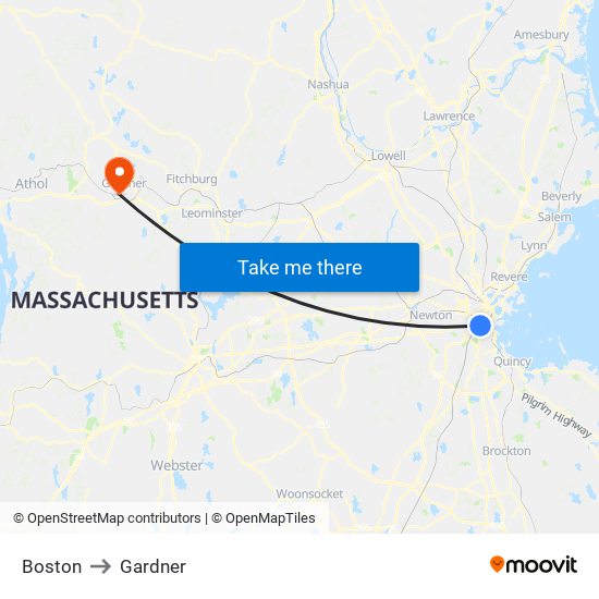 Boston to Gardner map