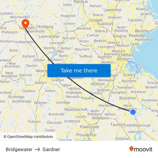 Bridgewater to Gardner map