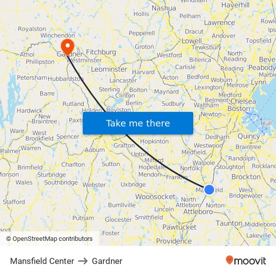 Mansfield Center to Gardner map