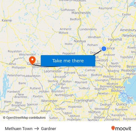 Methuen Town to Gardner map