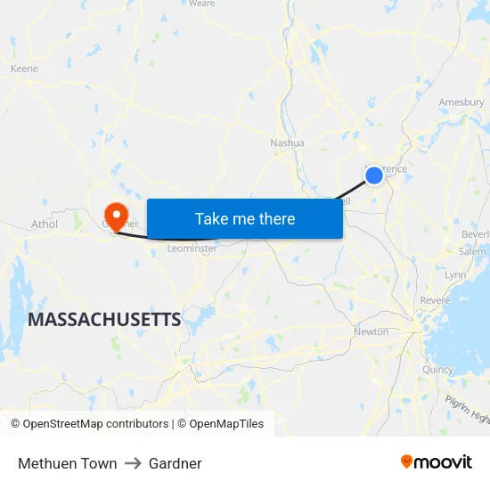 Methuen Town to Gardner map
