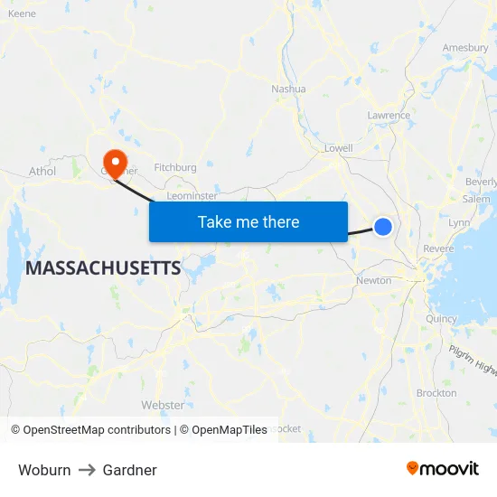 Woburn to Gardner map