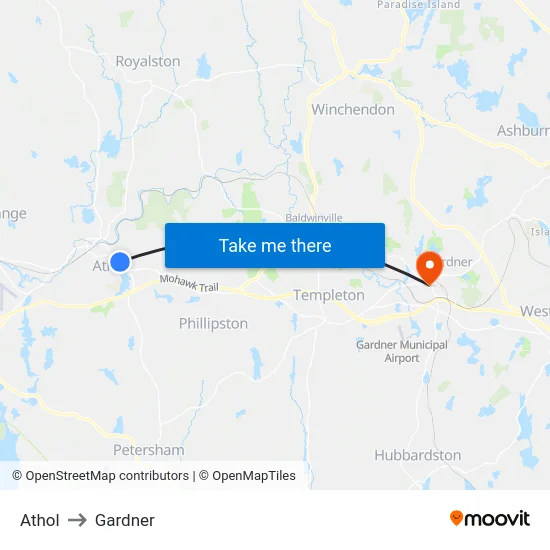 Athol to Gardner map