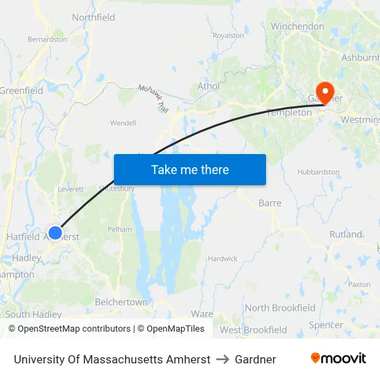 University Of Massachusetts Amherst to Gardner map