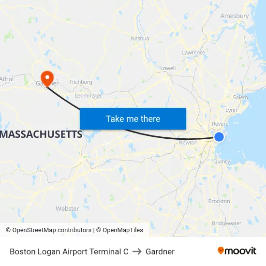 Boston Logan Airport Terminal C to Gardner map