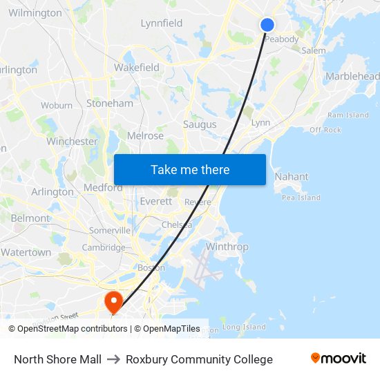 North Shore Mall to Roxbury Community College map
