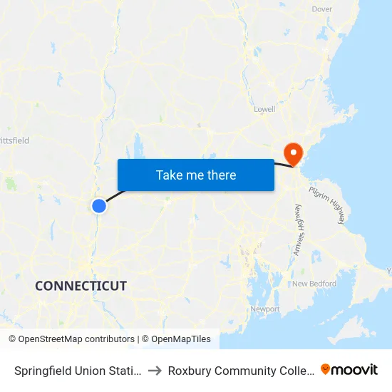 Springfield Union Station to Roxbury Community College map