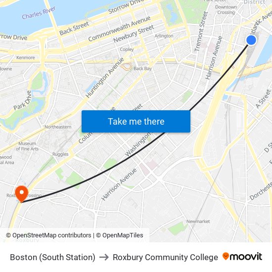 Boston (South Station) to Roxbury Community College map