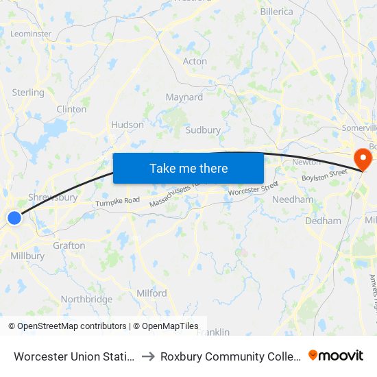 Worcester Union Station to Roxbury Community College map