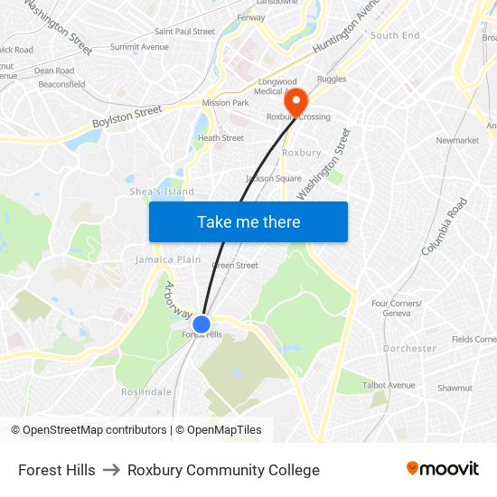 Forest Hills to Roxbury Community College map