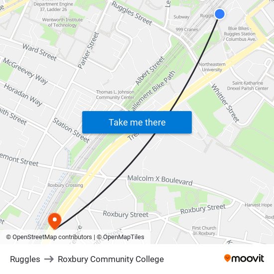 Ruggles to Roxbury Community College map