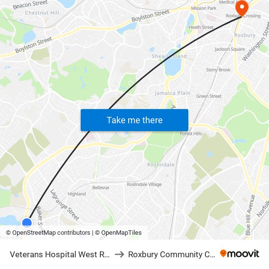 Veterans Hospital West Roxbury to Roxbury Community College map