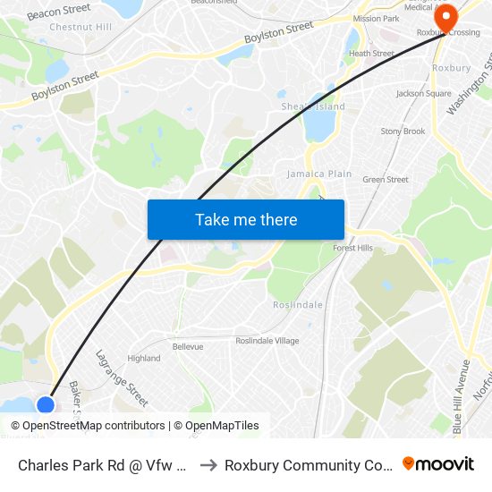 Charles Park Rd @ Vfw Pkwy to Roxbury Community College map