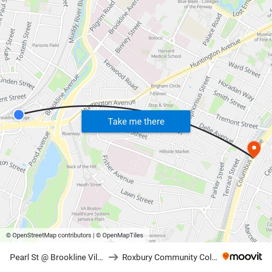 Pearl St @ Brookline Village to Roxbury Community College map