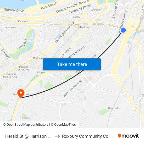 Herald St @ Harrison Ave to Roxbury Community College map