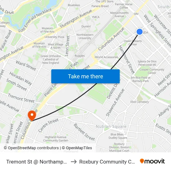 Tremont St @ Northampton St to Roxbury Community College map