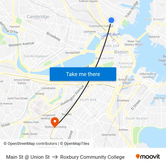 Main St @ Union St to Roxbury Community College map