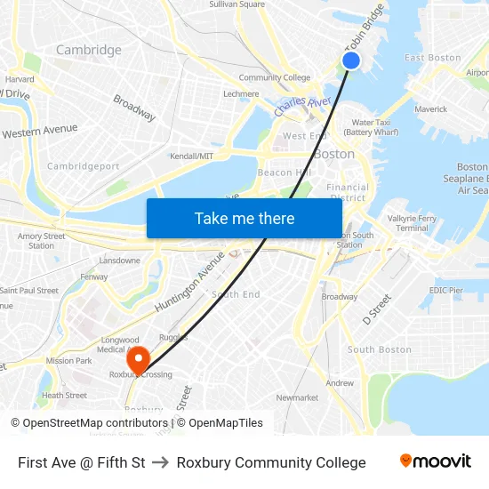 First Ave @ Fifth St to Roxbury Community College map